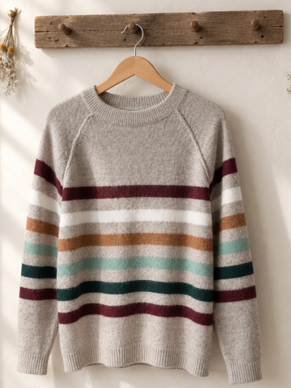 Staccato Striped Crewneck Sweater Oatmeal Beige Earth Tone Medium EUC